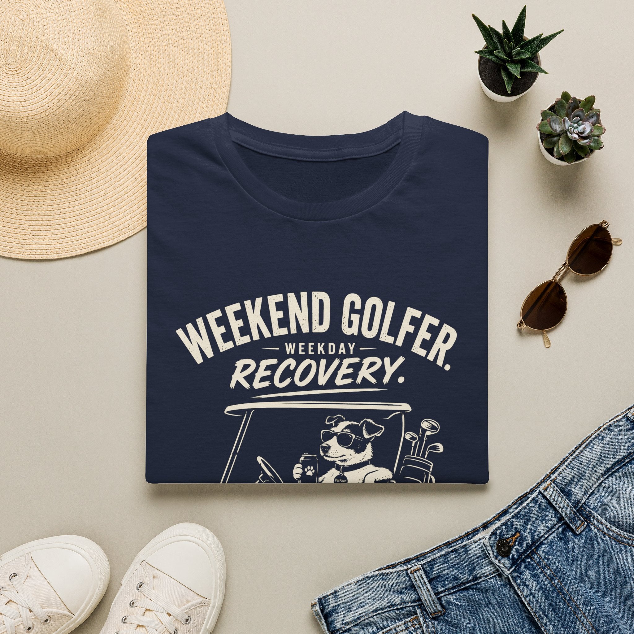 Weekend Golfer T-Shirt — “Weekend Golfer. Weekday Recovery.” Golf Cart Dog Graphic