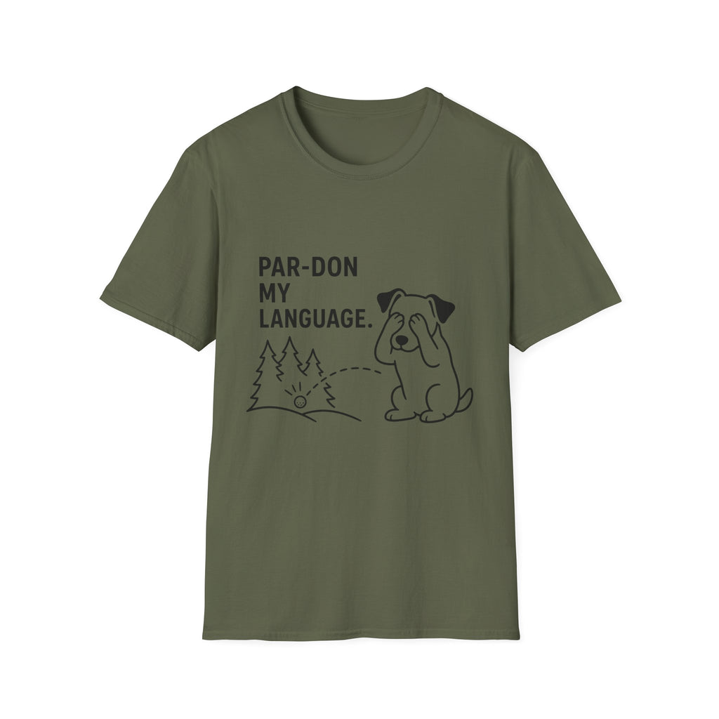 Par-don My Language Dog T-Shirt — Funny Pardoning Puppy Graphic Tee