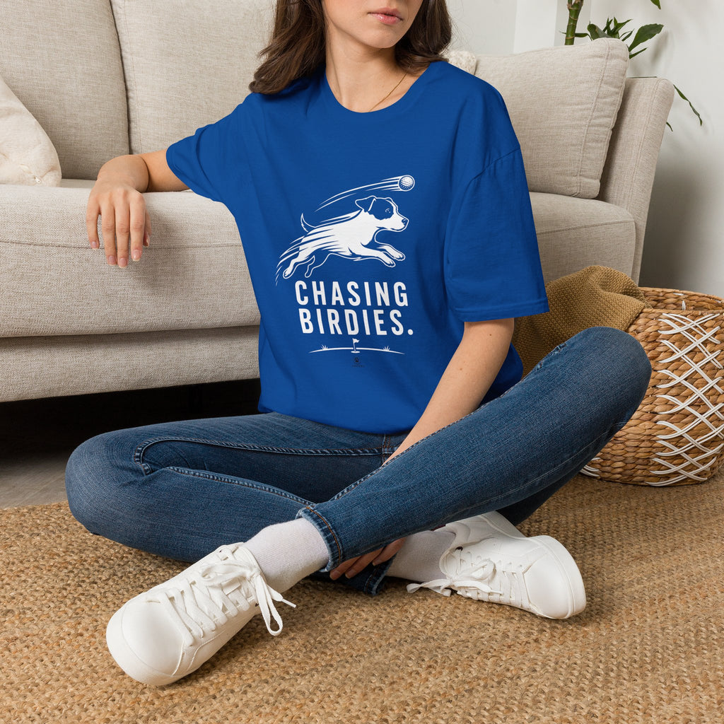 T-Shirt — "Chasing Birdies" Dog Badminton Graphic Tee