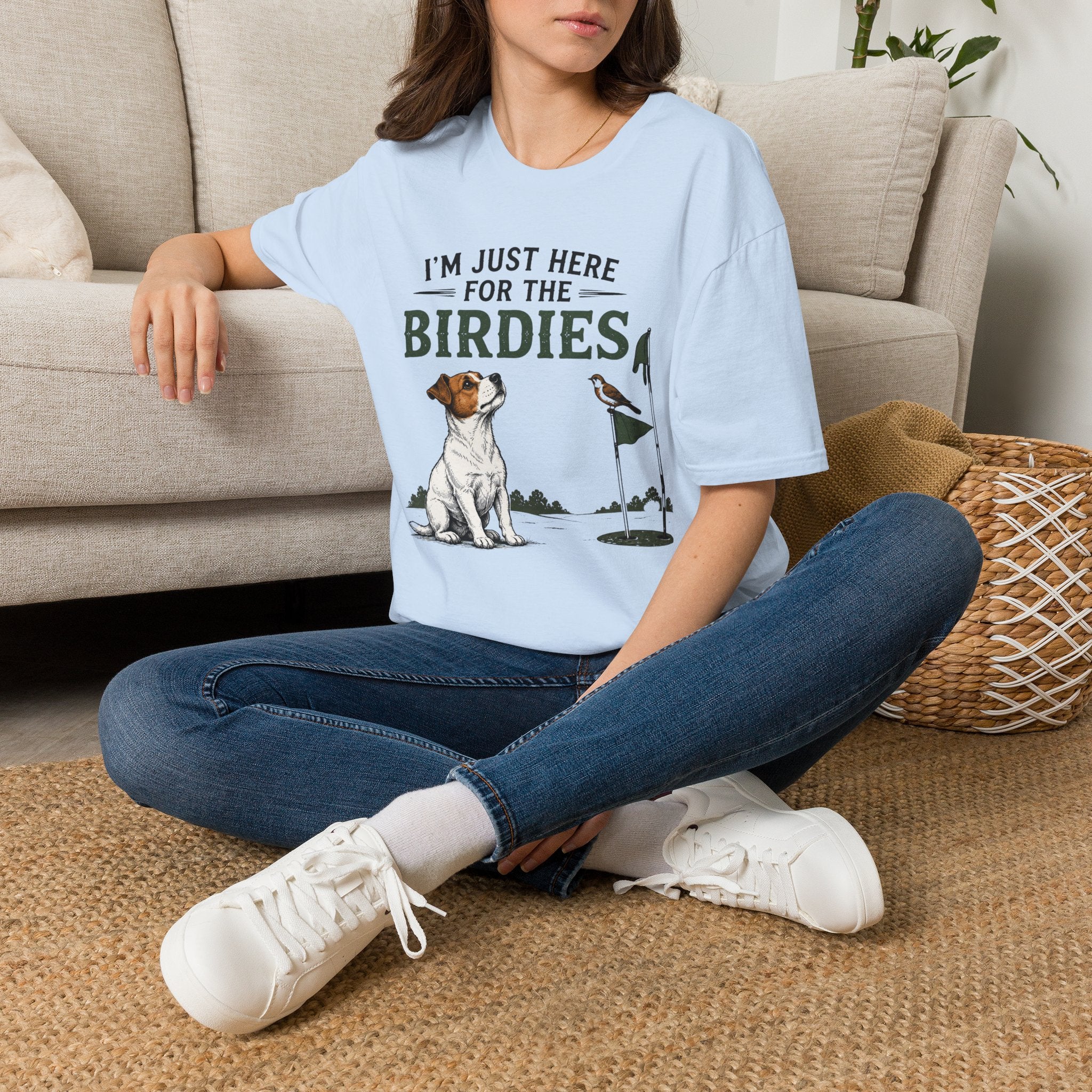 I’m Just Here for the Birdies T-Shirt — Cute Dog & Bird Golf Fan Tee