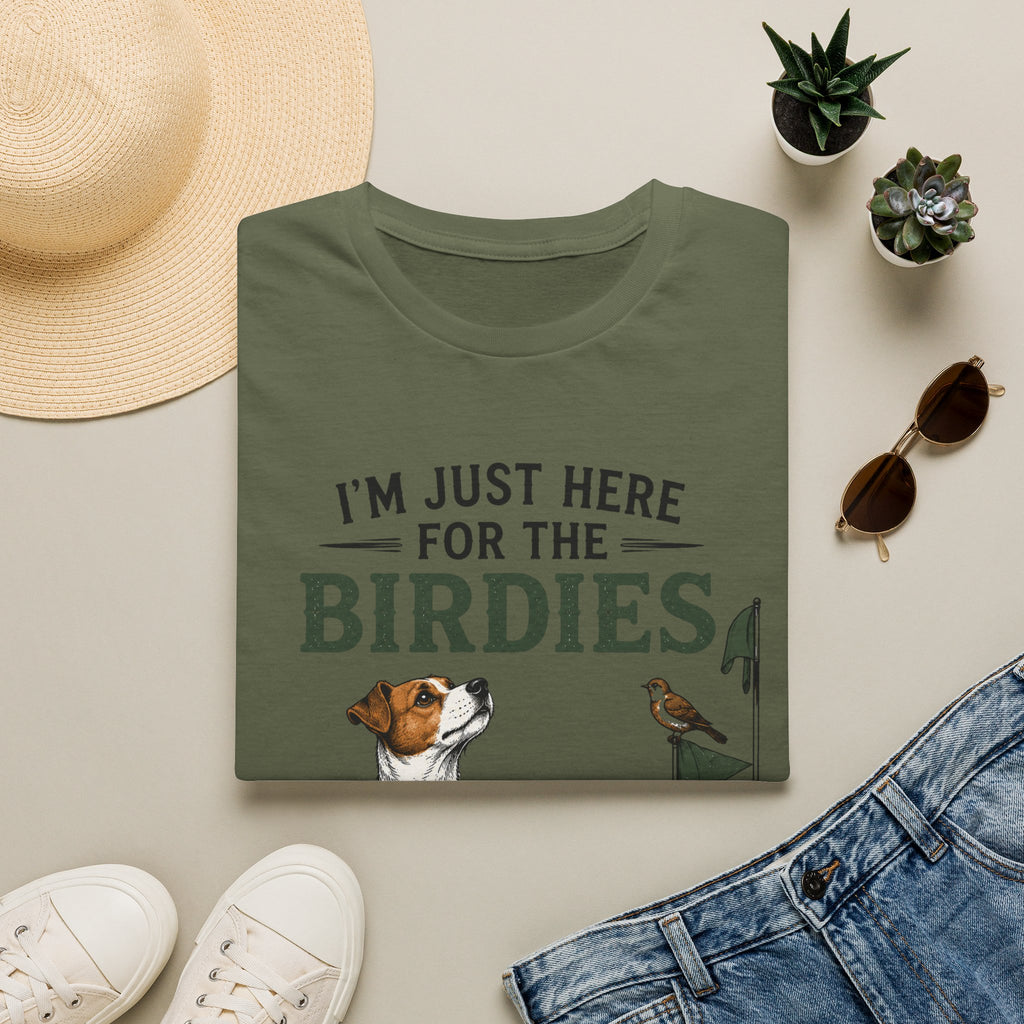 I’m Just Here for the Birdies T-Shirt — Cute Dog & Bird Golf Fan Tee