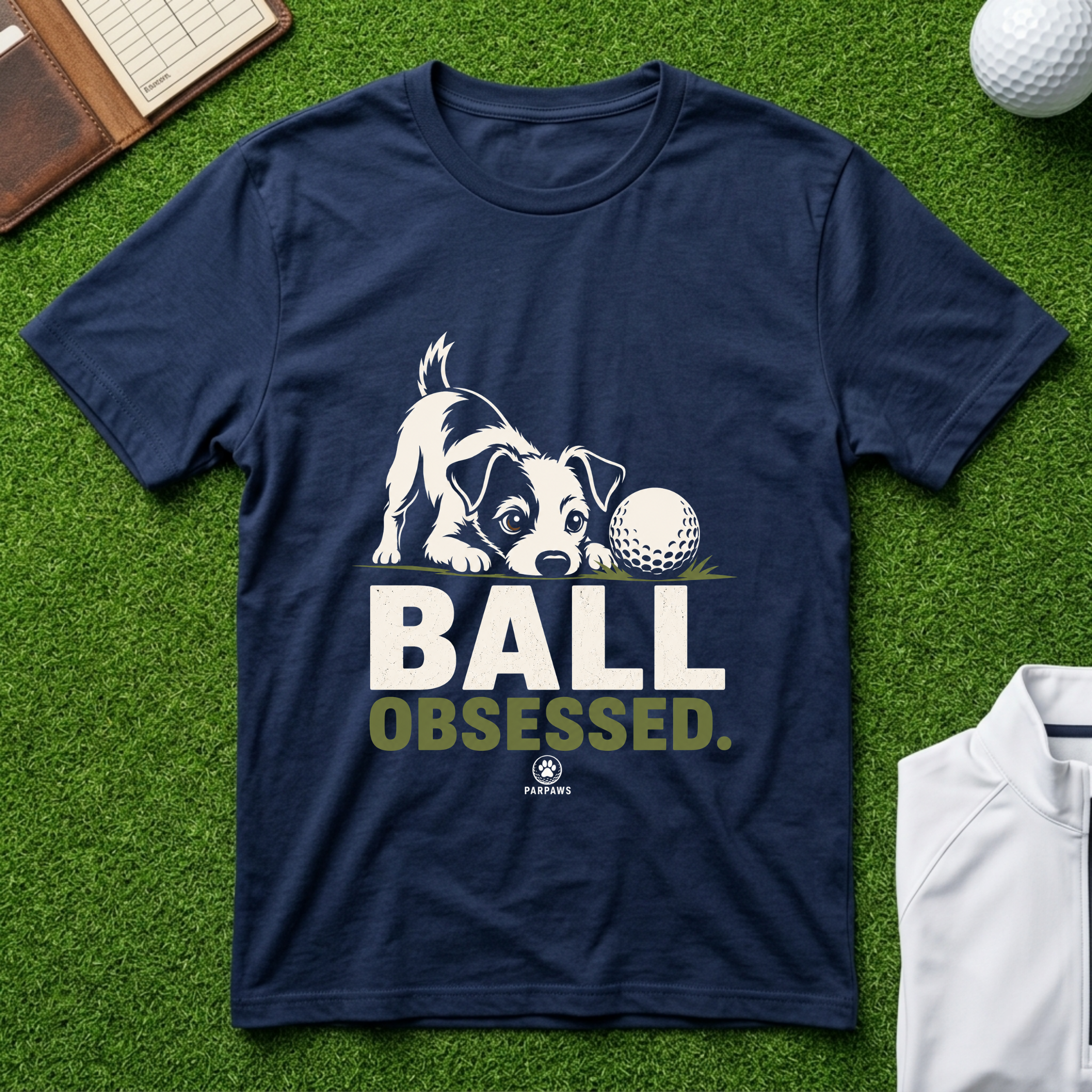 Dog and Golf Ball T-Shirt — "Ball Obsessed" Cute Puppy Golf Tee