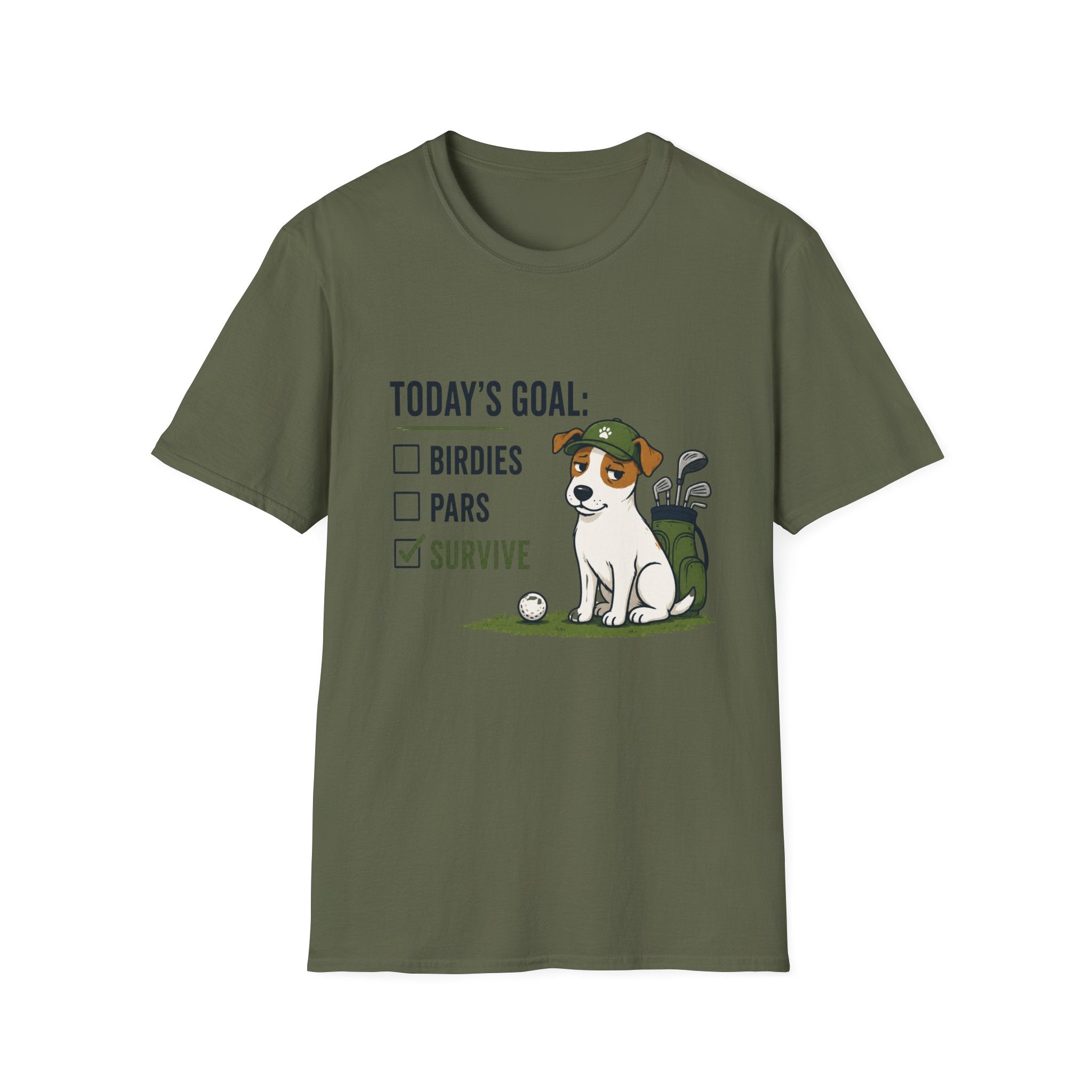 Golf Dog T-Shirt — "Today's Goal: Birdies, Pars, Survive" Funny Golfing Tee