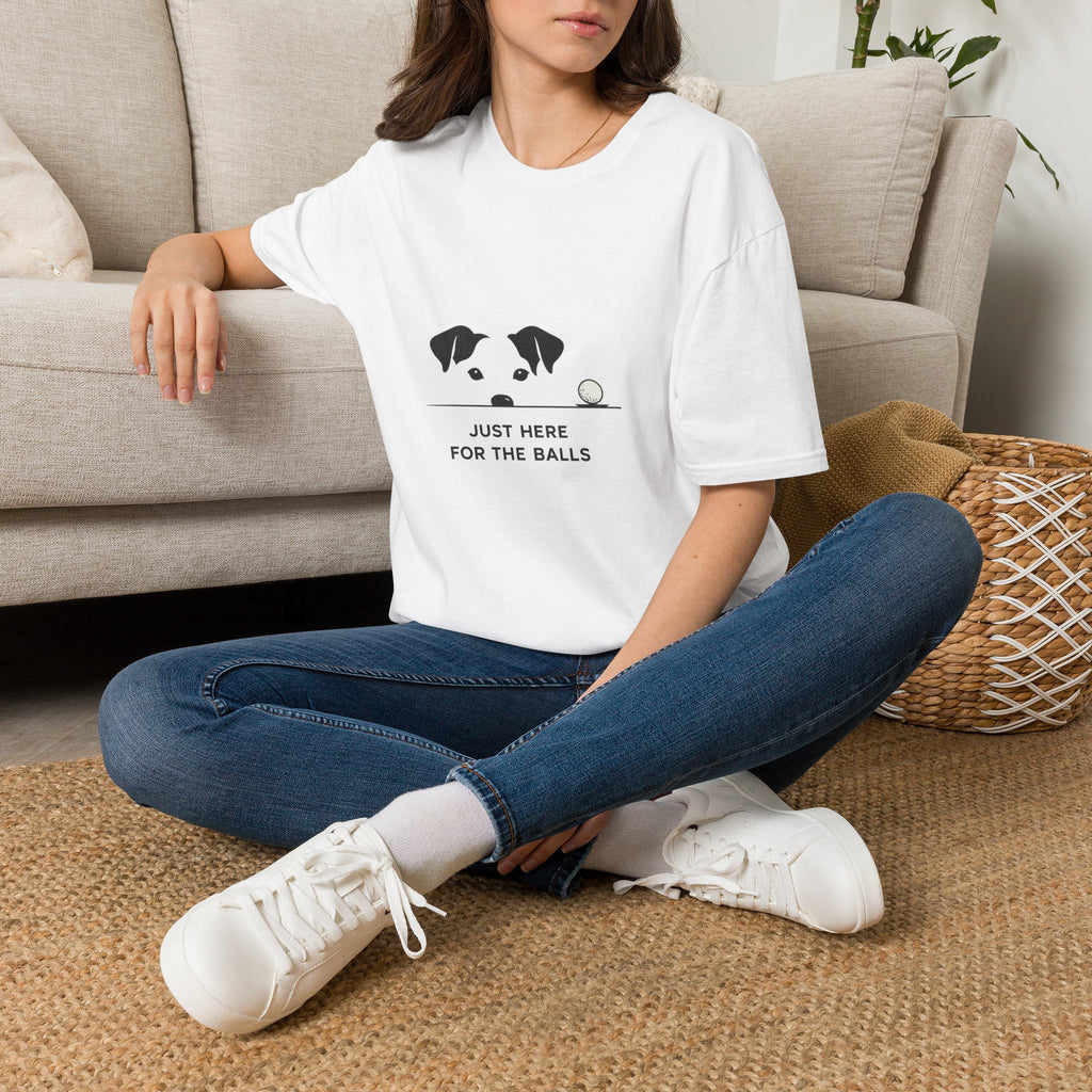Dog Peeking with Golf Ball T‑Shirt — "Just Here for the Balls" Funny Pet Golfer Tee
