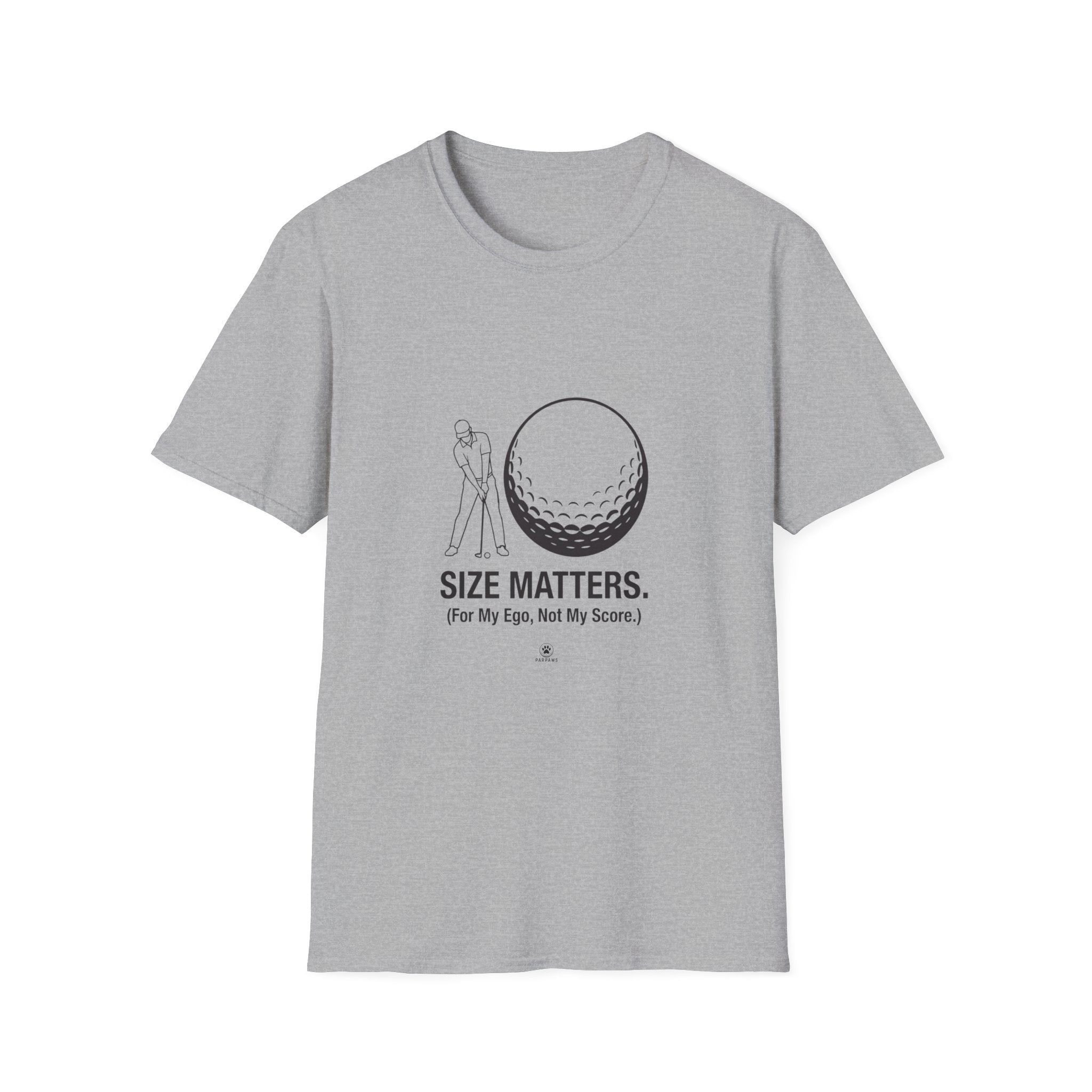Golf T-Shirt — "Size Matters" Funny Golfer Shirt with Large Golf Ball Design