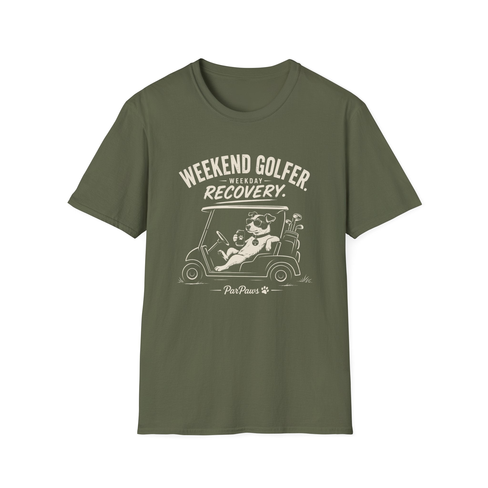 Weekend Golfer T-Shirt — “Weekend Golfer. Weekday Recovery.” Golf Cart Dog Graphic