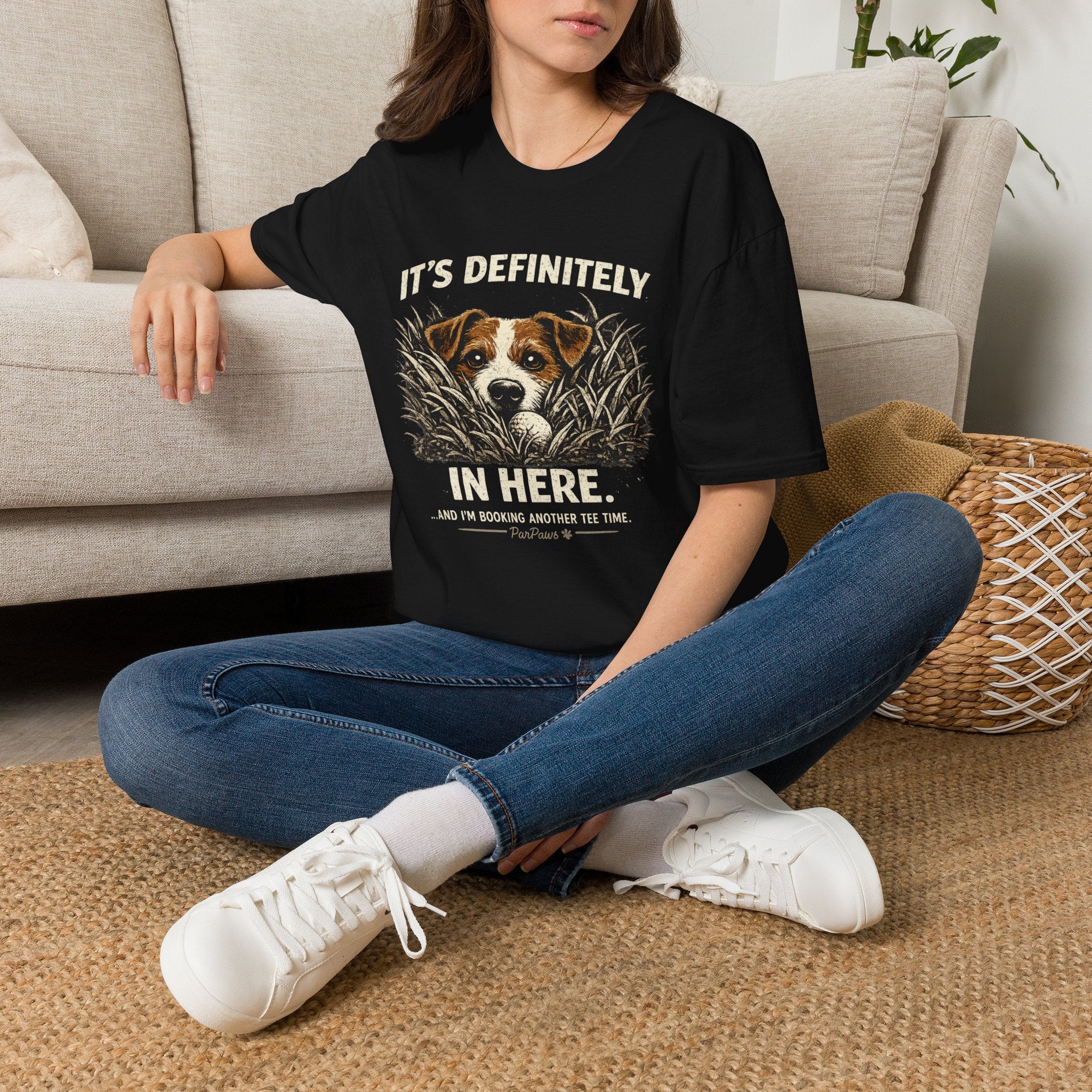 T-Shirt — "It's Definitely in Here" Dog Peeking Graphic