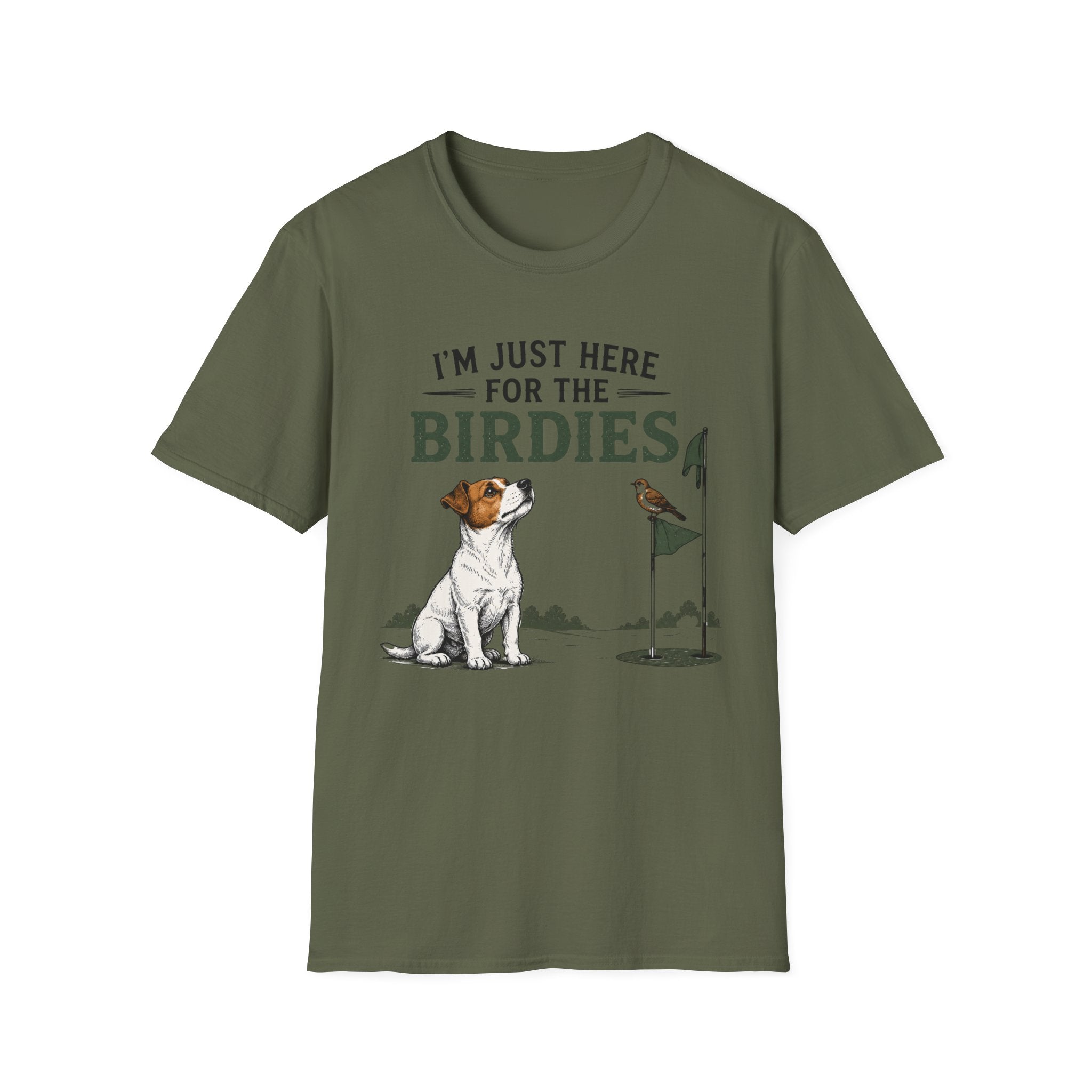 I’m Just Here for the Birdies T-Shirt — Cute Dog & Bird Golf Fan Tee