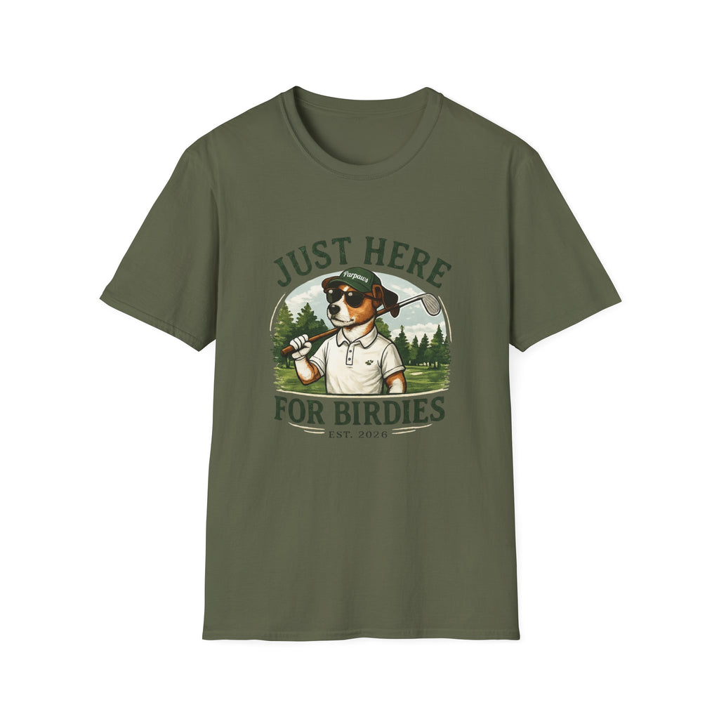 Golf Dog T‑Shirt — "Just Here for Birdies" Casual Golfing Tee