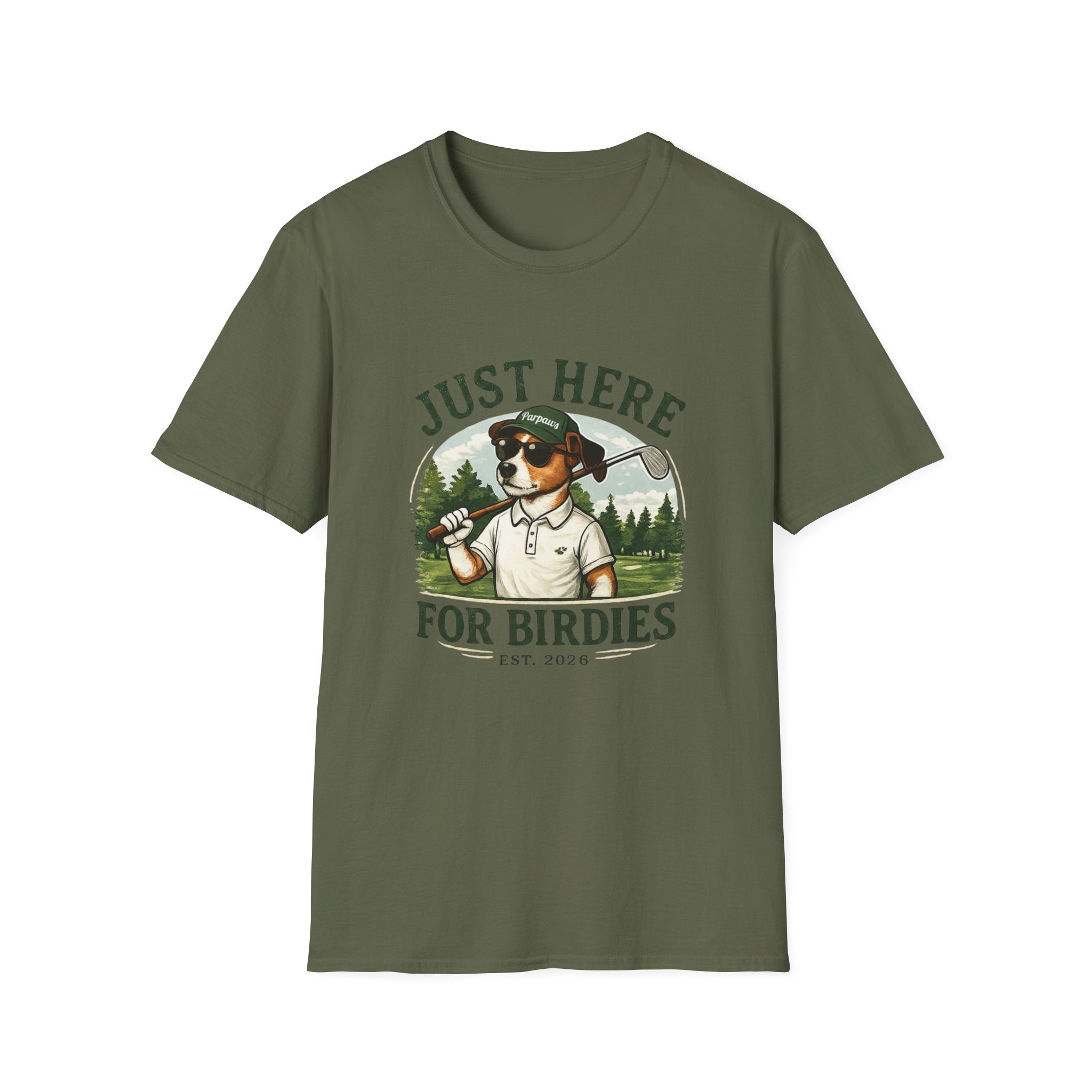 Golf Dog T‑Shirt — "Just Here for Birdies" Casual Golfing Tee
