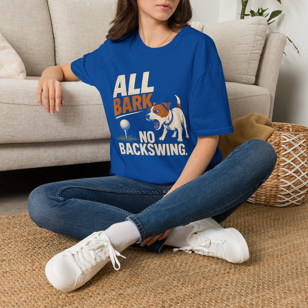 Dog Golf T-Shirt — "All Bark No Backswing" Funny Golfing Dog Tee