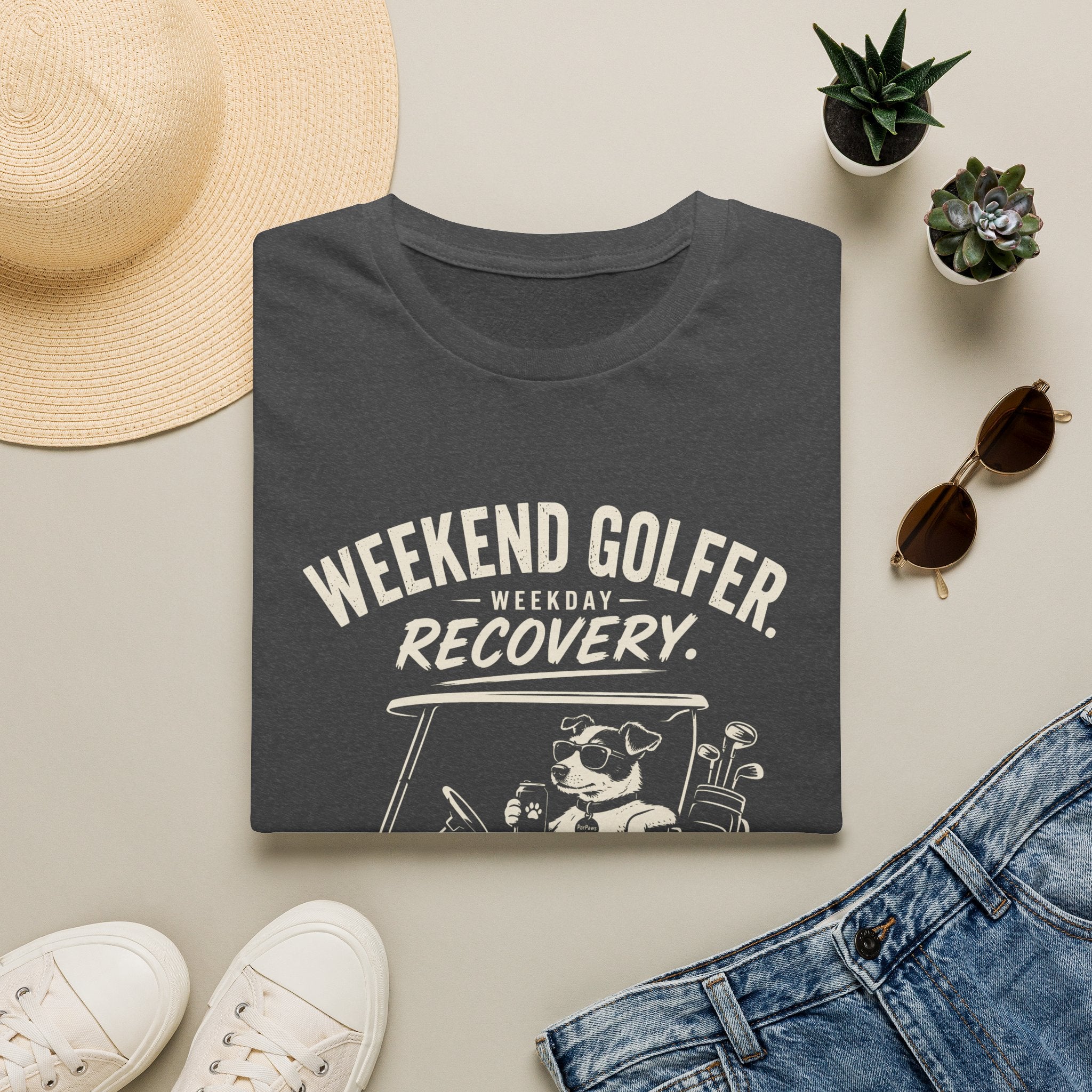 Weekend Golfer T-Shirt — “Weekend Golfer. Weekday Recovery.” Golf Cart Dog Graphic