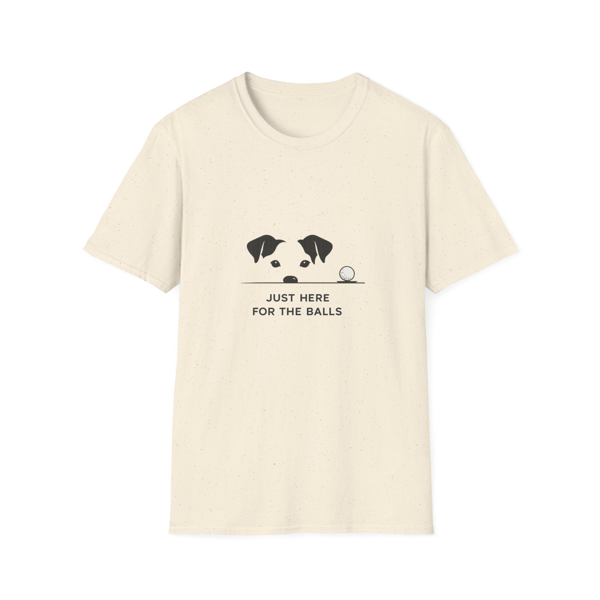 Dog Peeking with Golf Ball T‑Shirt — "Just Here for the Balls" Funny Pet Golfer Tee