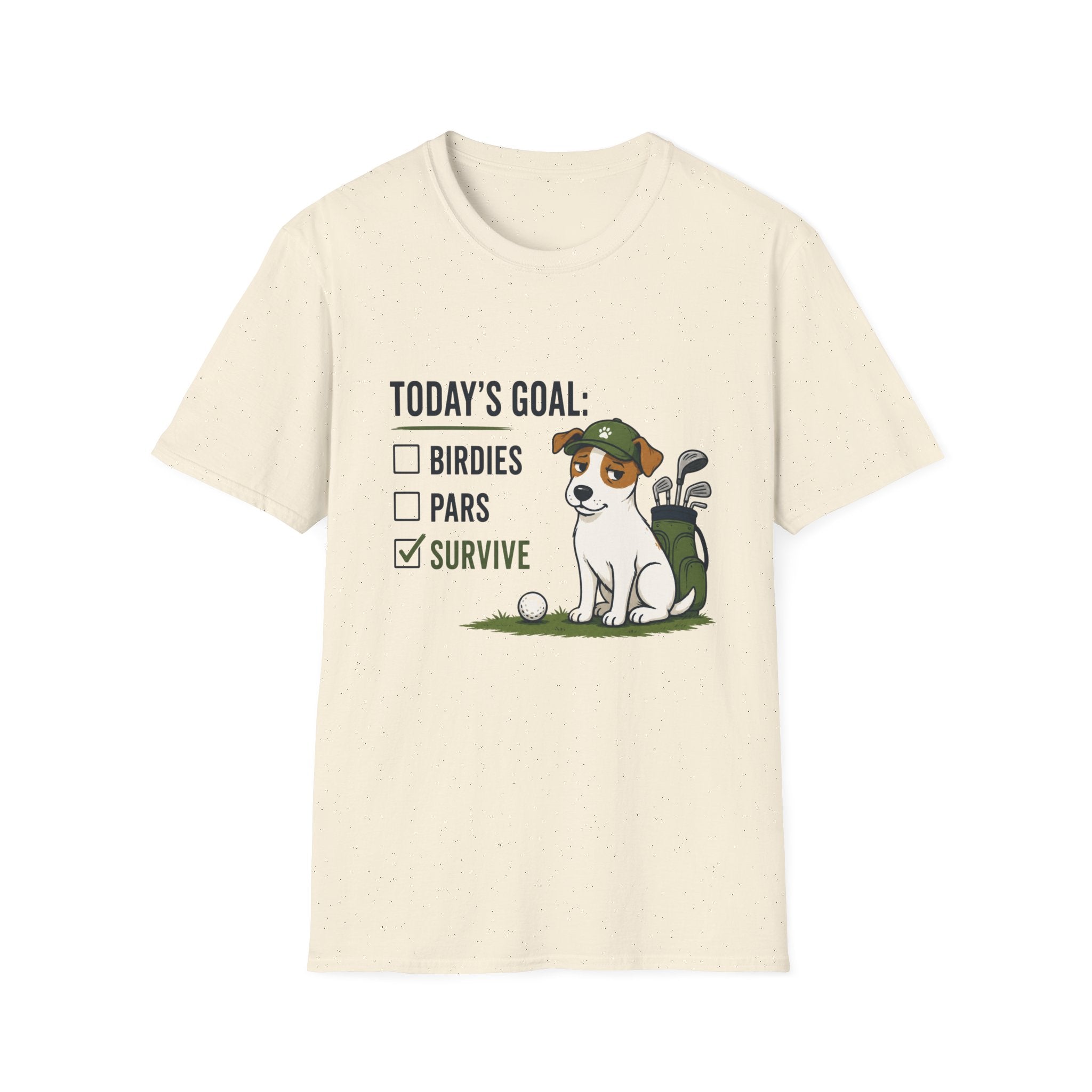 Golf Dog T-Shirt — "Today's Goal: Birdies, Pars, Survive" Funny Golfing Tee