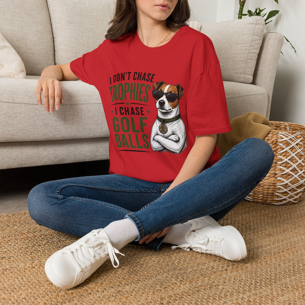 Golf Dog T‑Shirt — "I Don't Chase Trophies I Chase Golf Balls"
