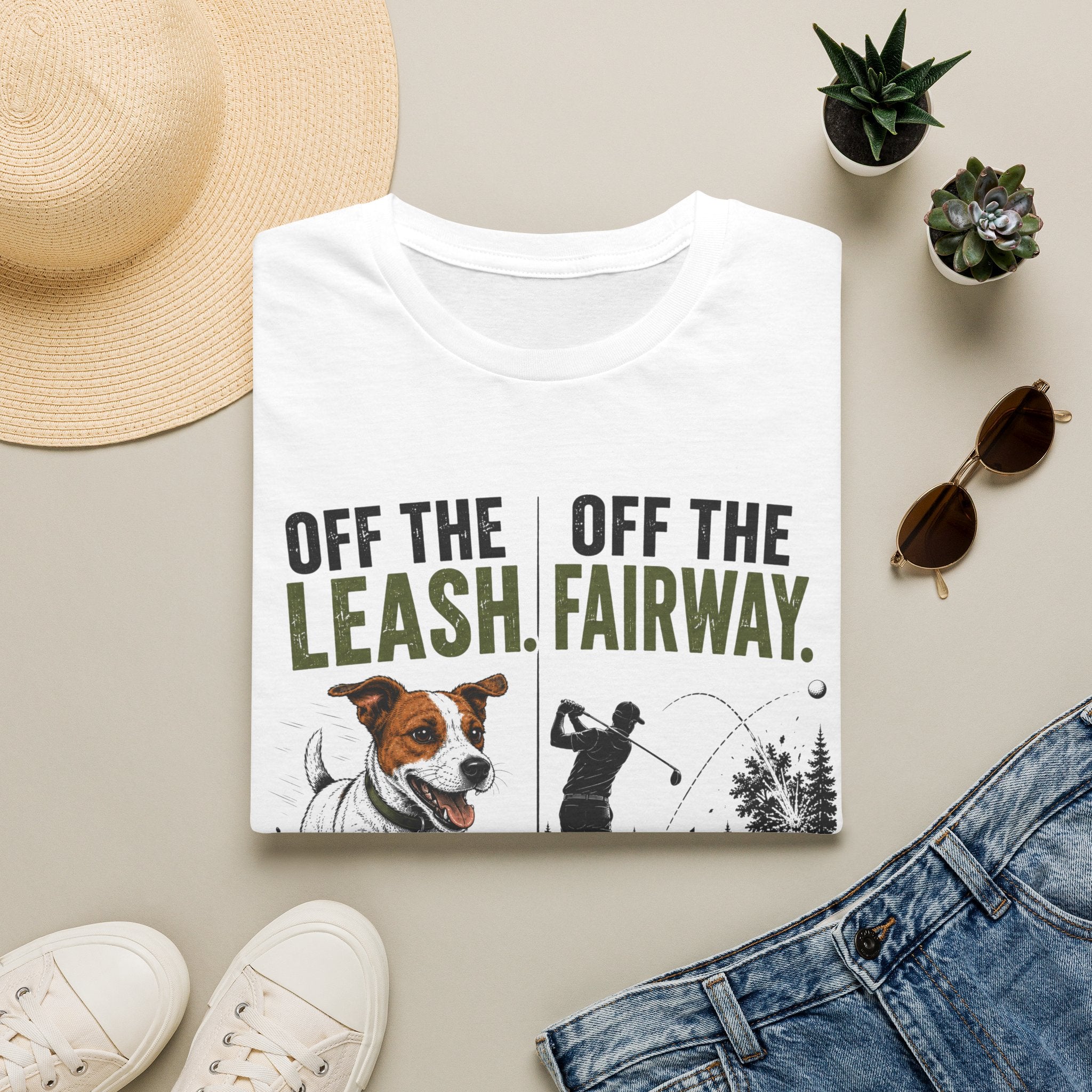 Golf T‑Shirt - "Off the Leash. Off the Fairway." Funny Golfing Dog Shirt