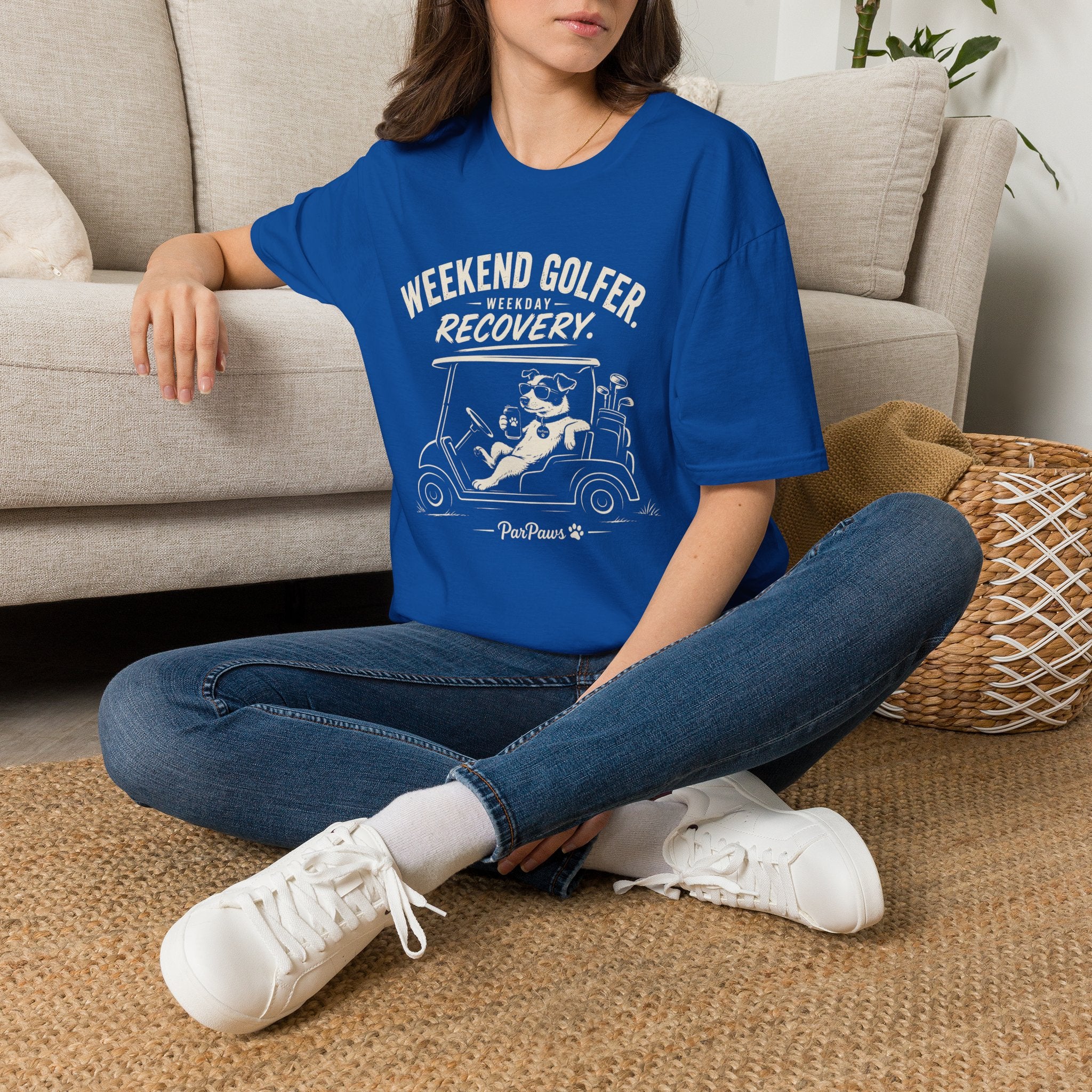 Weekend Golfer T-Shirt — “Weekend Golfer. Weekday Recovery.” Golf Cart Dog Graphic