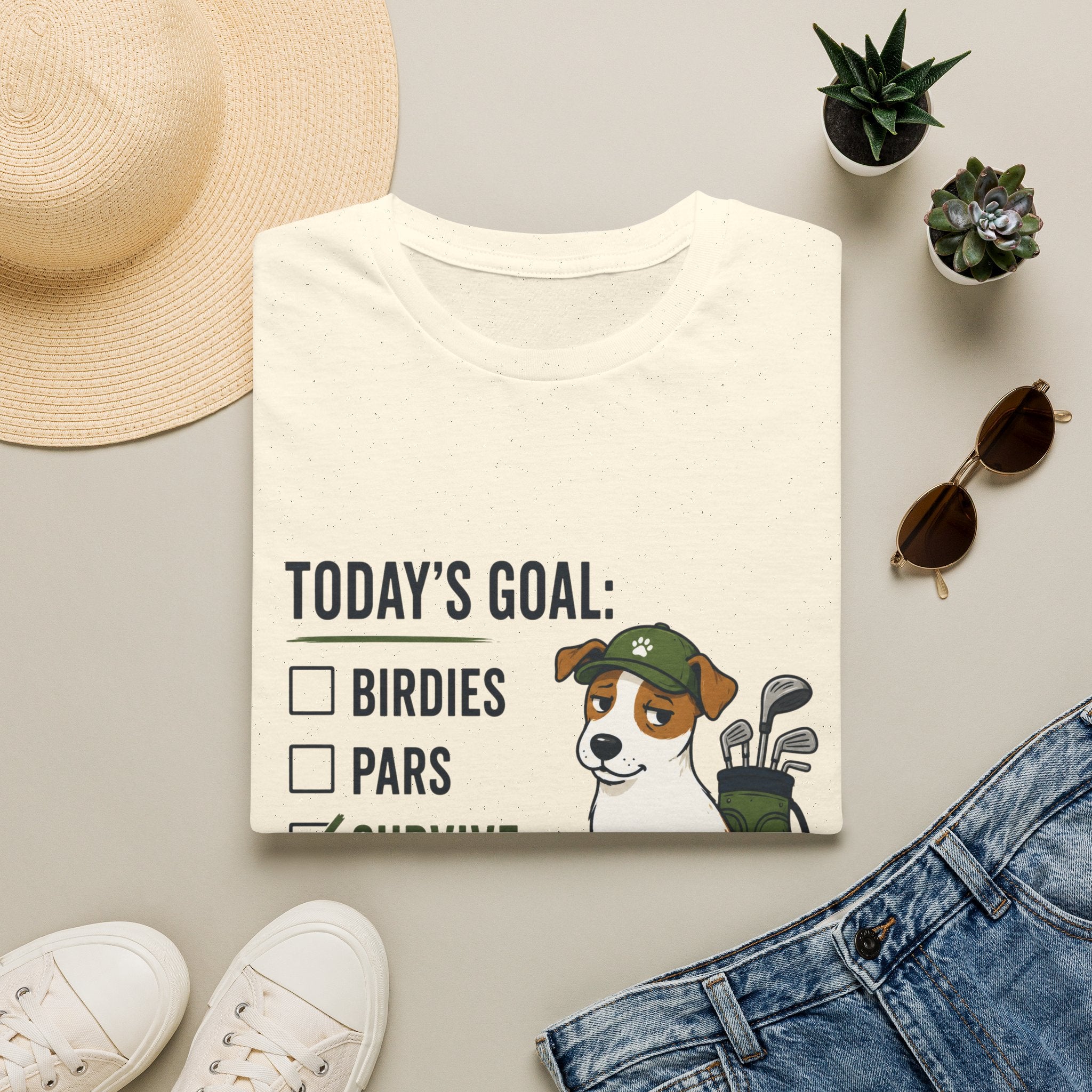 Golf Dog T-Shirt — "Today's Goal: Birdies, Pars, Survive" Funny Golfing Tee