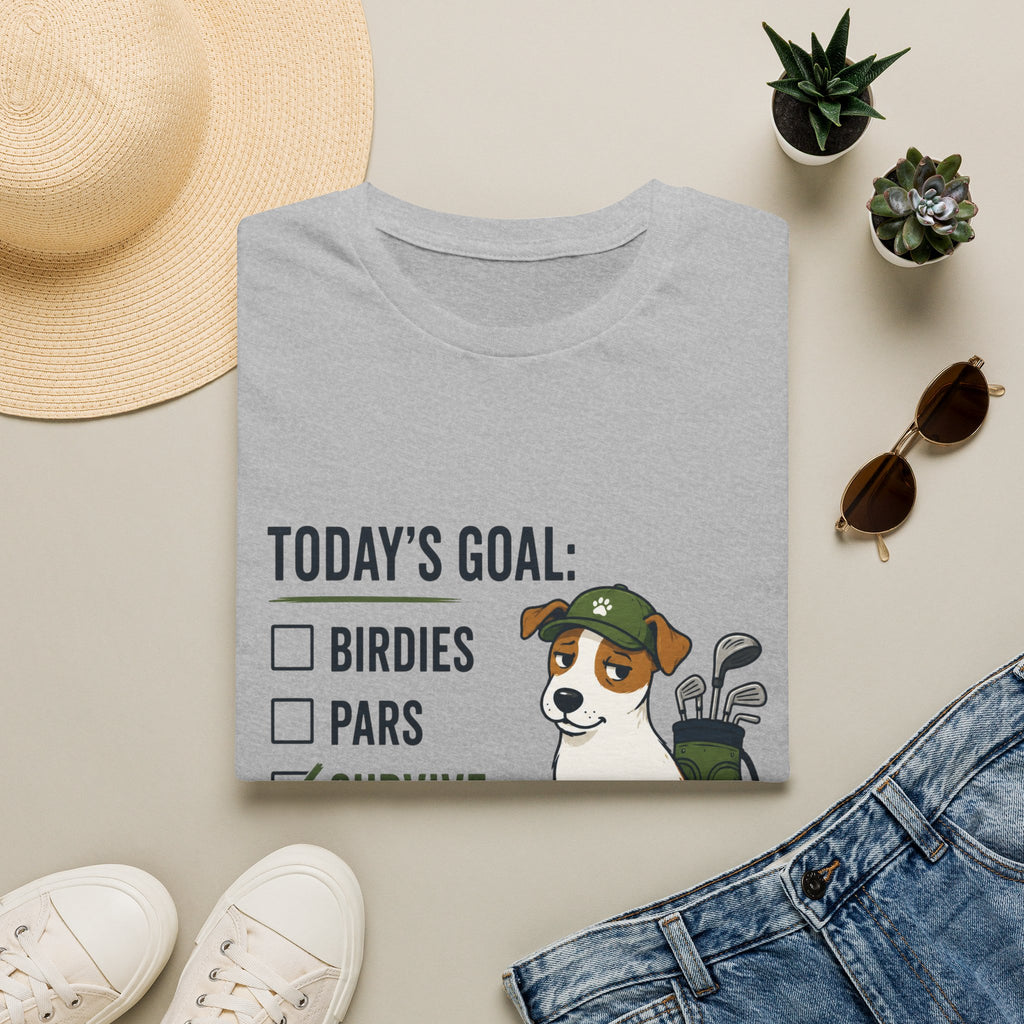 Golf Dog T-Shirt — "Today's Goal: Birdies, Pars, Survive" Funny Golfing Tee