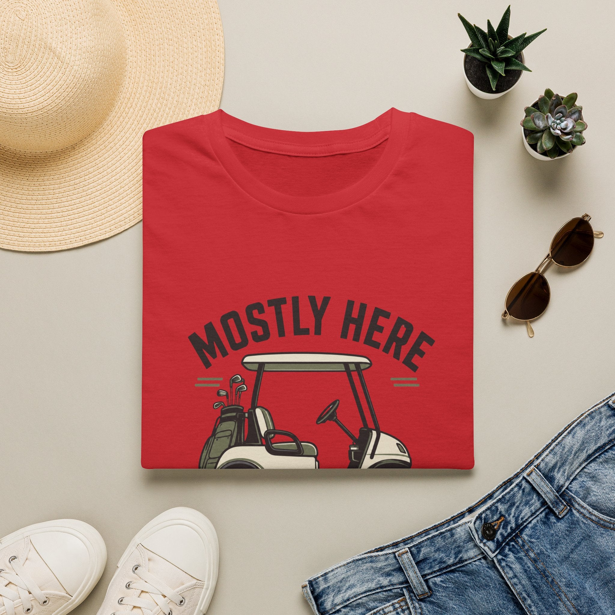 Golf Cart T-Shirt — "Mostly Here for the Cart" Casual Golfing Tee