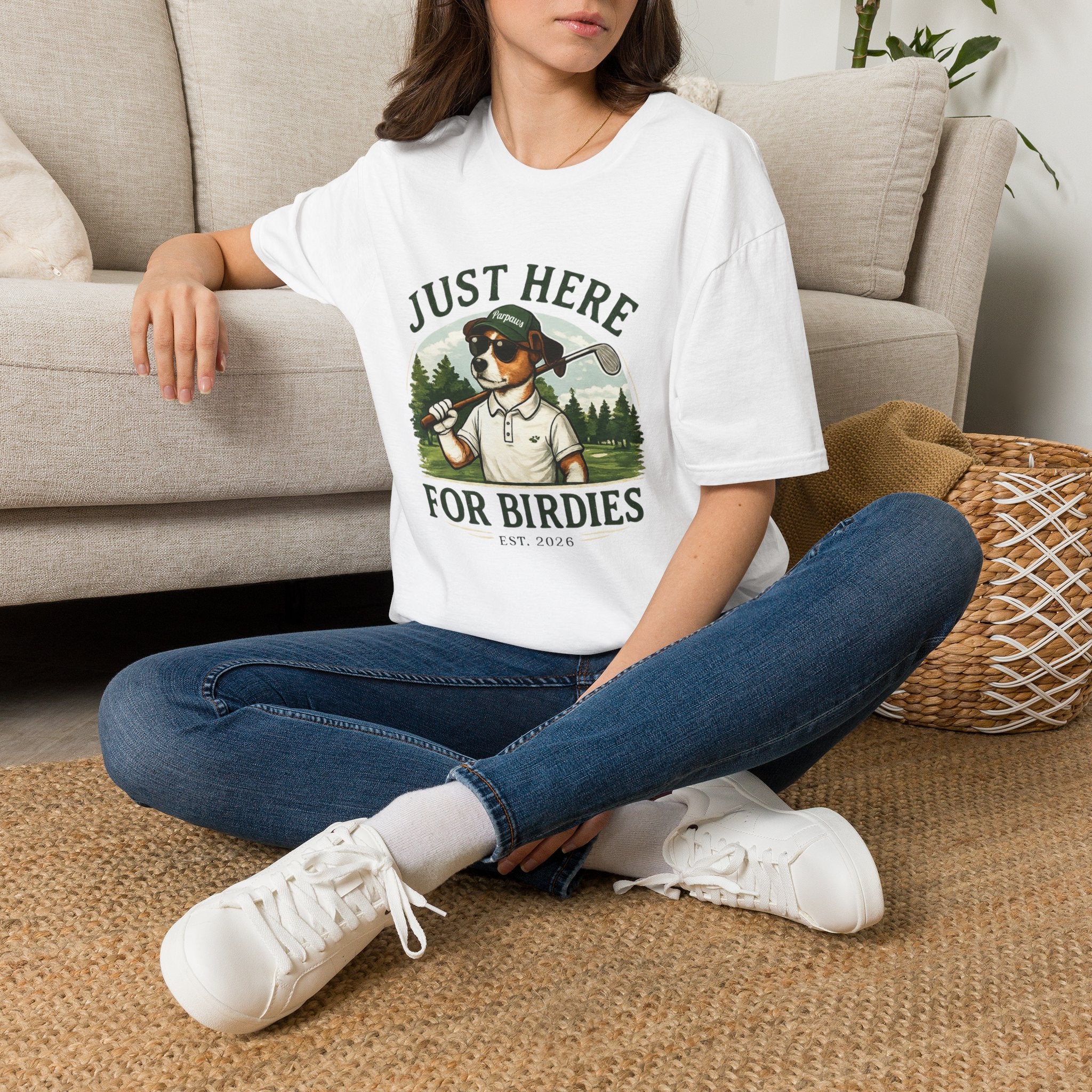 Golf Dog T‑Shirt — "Just Here for Birdies" Casual Golfing Tee