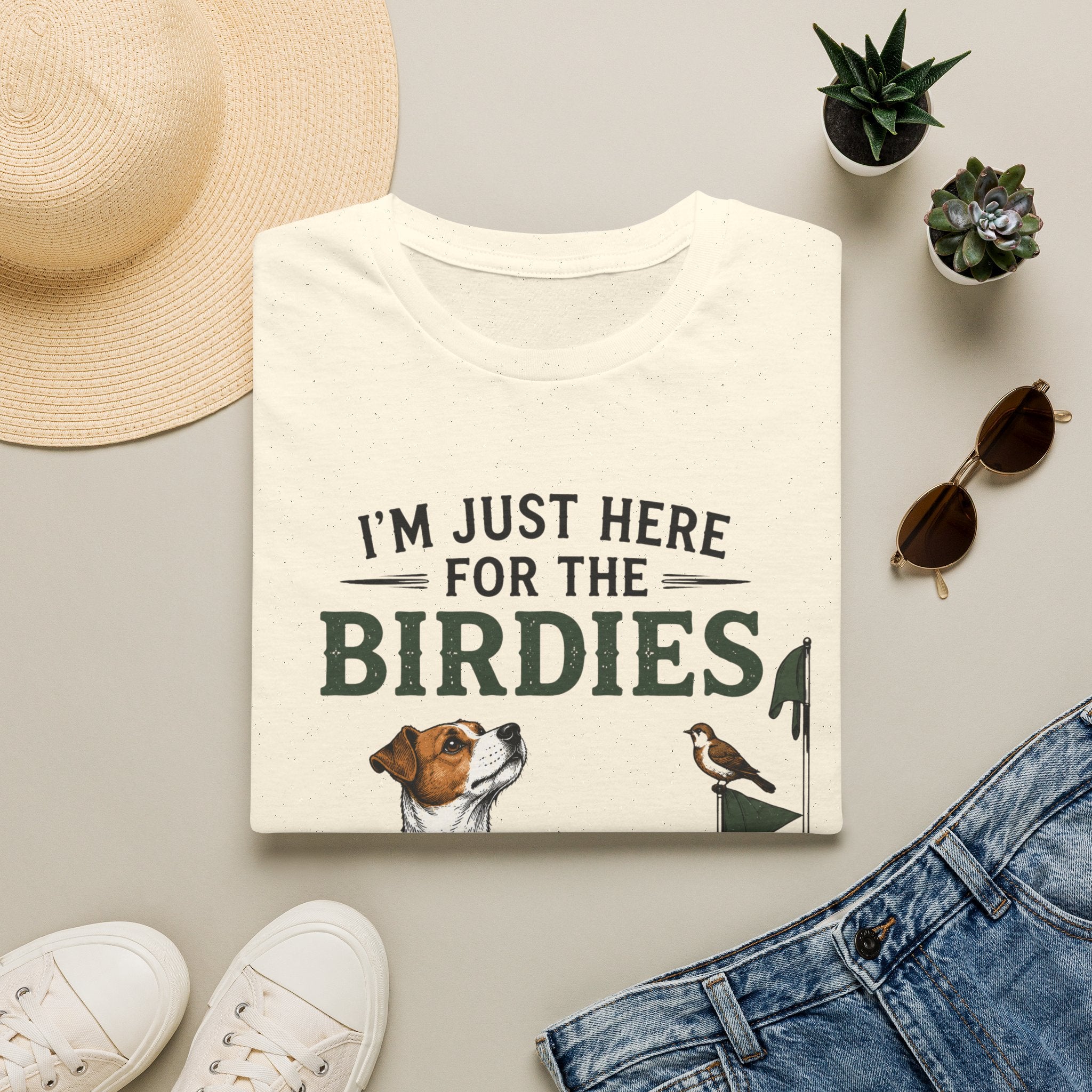 I’m Just Here for the Birdies T-Shirt — Cute Dog & Bird Golf Fan Tee