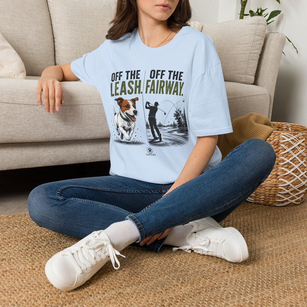 Golf T‑Shirt - "Off the Leash. Off the Fairway." Funny Golfing Dog Shirt