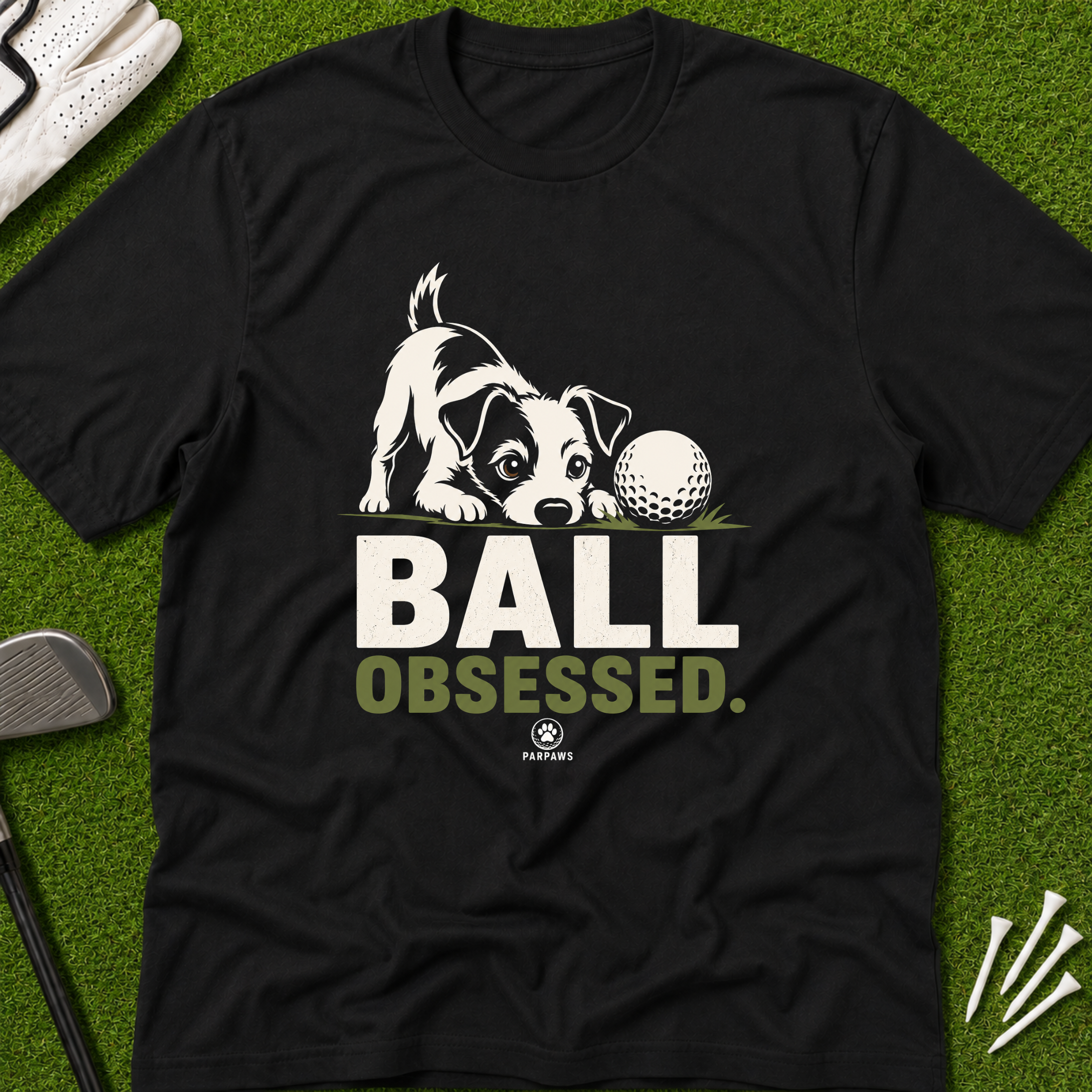 Dog and Golf Ball T-Shirt — "Ball Obsessed" Cute Puppy Golf Tee